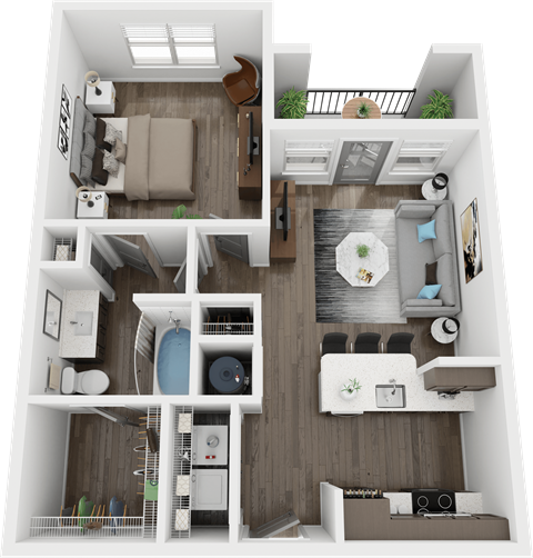 Floor plan for 1 bed, 1 bath, 661 sqft
